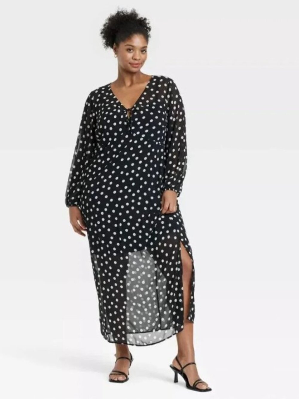 Ava & Viv Black White Dots Maxi Sheer Overlay Slip Balloon Dress V Neck NWT 2X - Picture 2 of 3